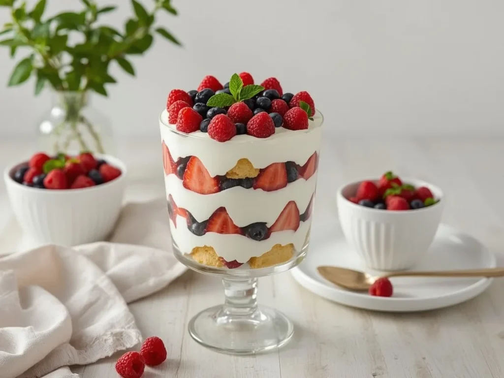 Berry trifle with layers of pound cake, fresh berries and lemon cream in a glass bowl
