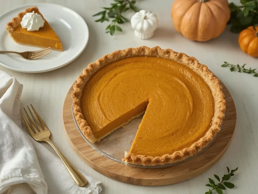 Classic pumpkin pie with a slice and whipped cream