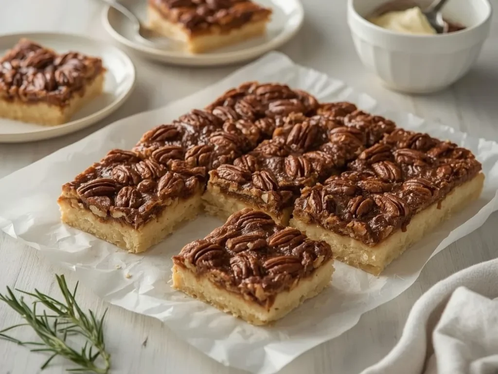 Pecan pie bars with glossy pecan topping on parchment