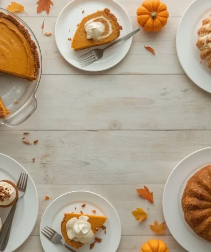 Pumpkin desserts for Thanksgiving including pumpkin pie, pumpkin roll, Bundt cake and cupcakes