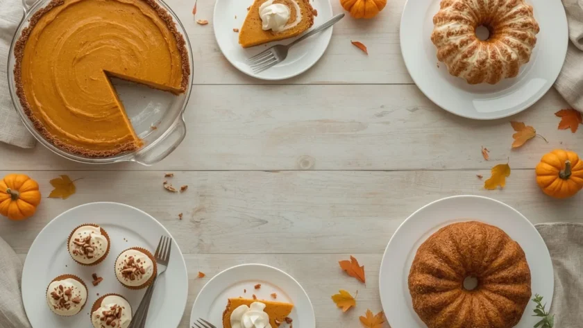 Pumpkin desserts for Thanksgiving including pumpkin pie, pumpkin roll, Bundt cake and cupcakes