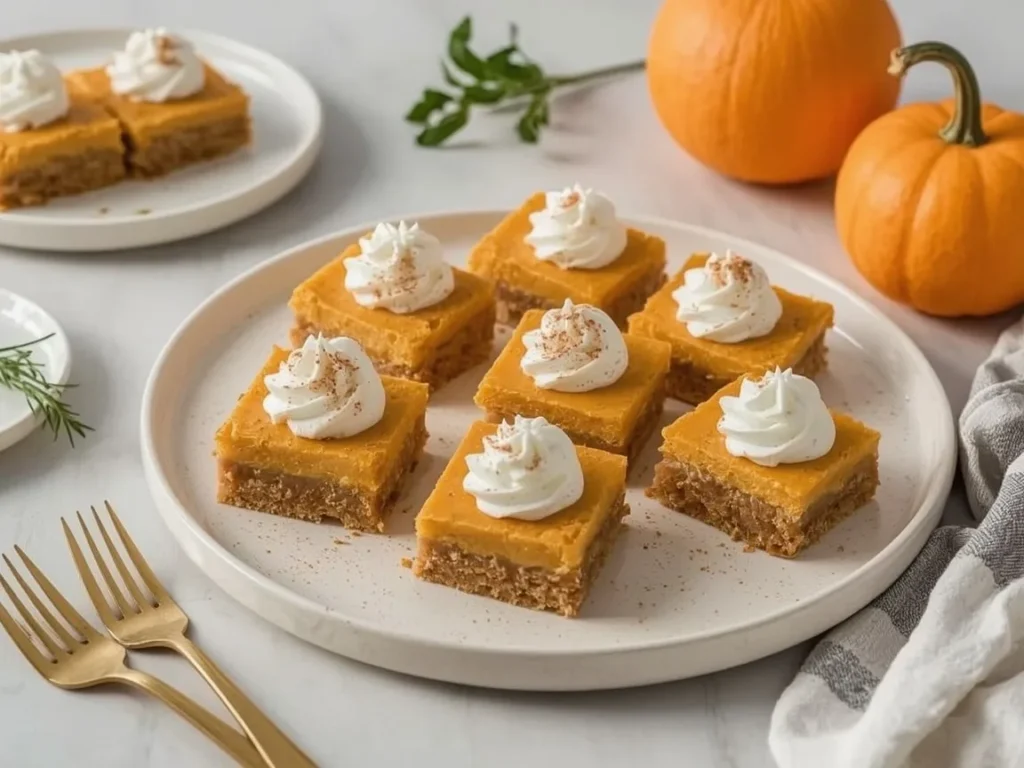 Pumpkin pie bars with shortbread crust and whipped cream