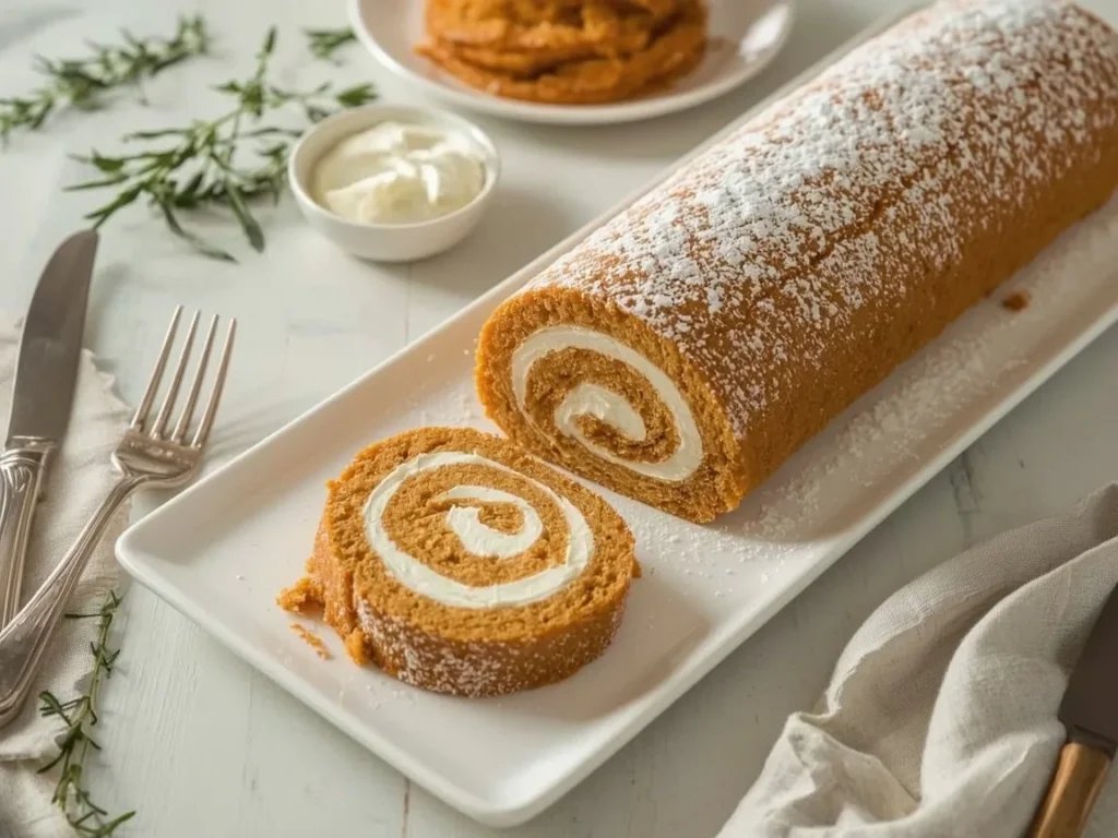 Pumpkin roll slices with cream cheese filling spiral