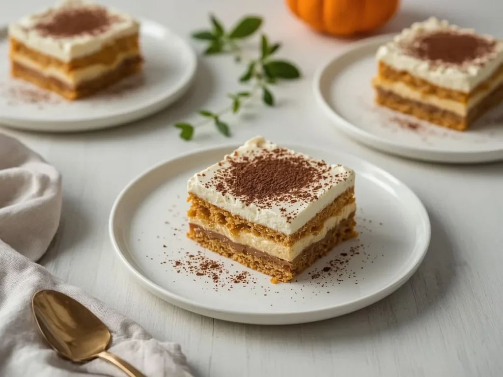 Pumpkin tiramisu slice with layered ladyfingers and cream