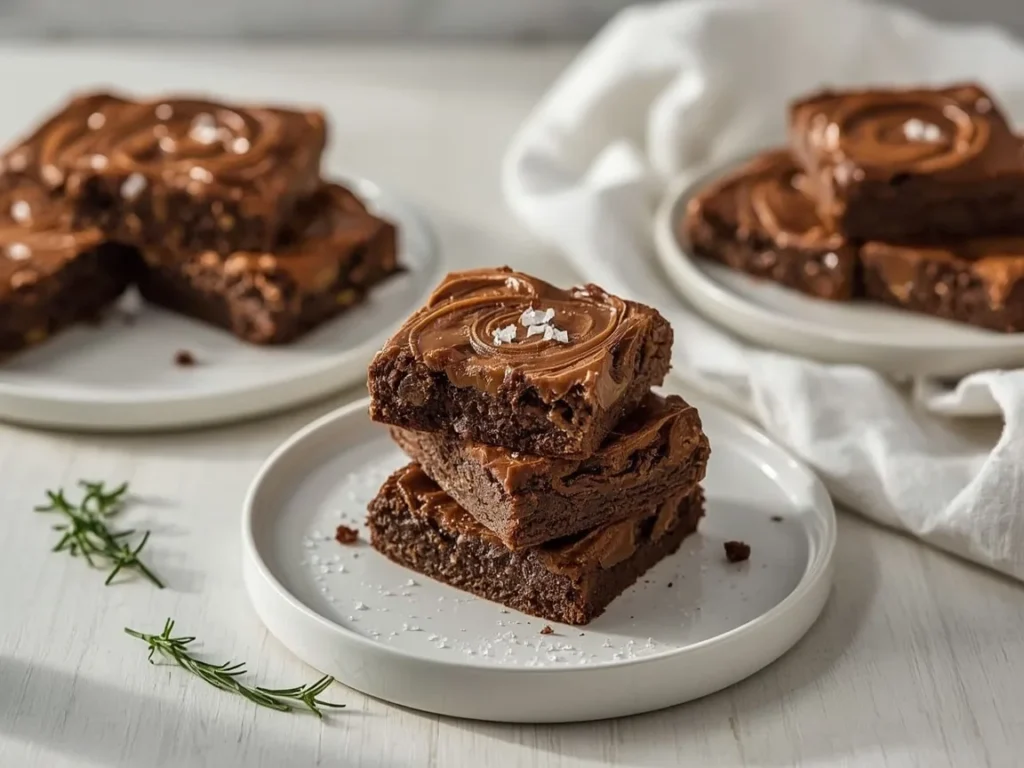 Salted caramel brownies with caramel swirls and flaky salt