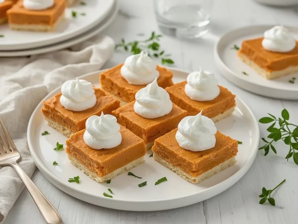 Sweet potato pie bars topped with whipped cream