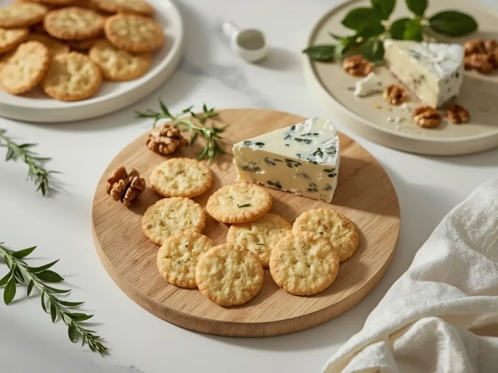 Blue cheese and walnut crackers on a wooden board