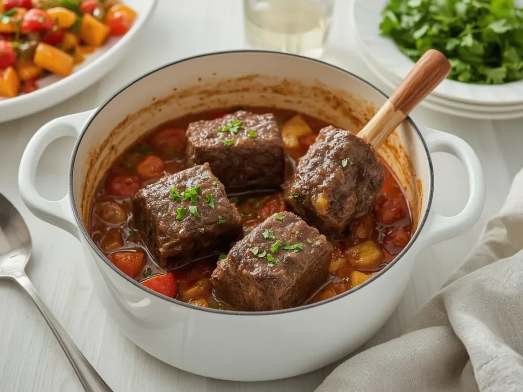 Braised short ribs in tomato sauce in a Dutch oven with parsley