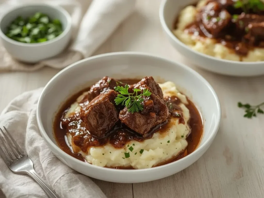 Braised short ribs in rich sauce over mashed potatoes