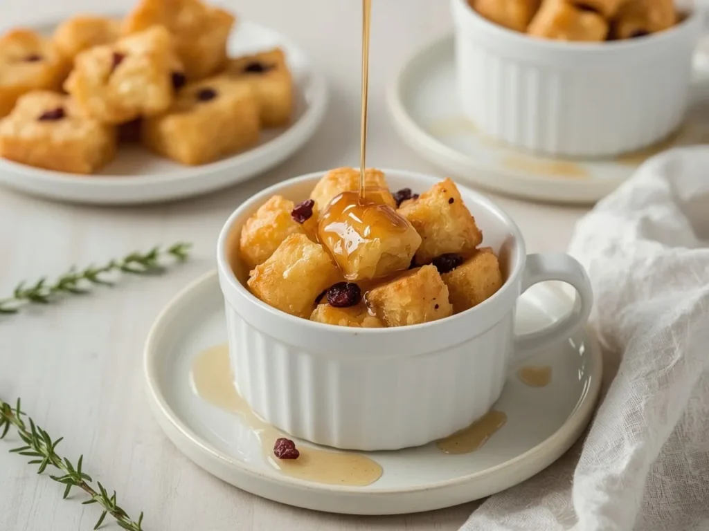 Bread pudding in a mug with cranberries and maple syrup
