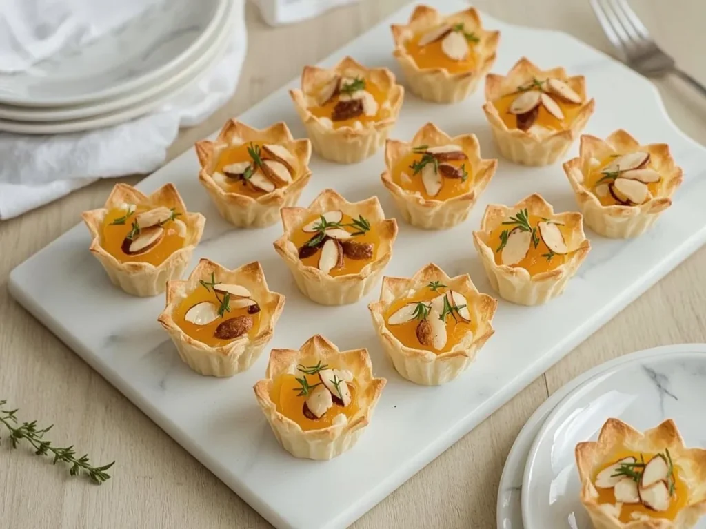 Brie and apricot phyllo bites with almonds and thyme on a marble platter