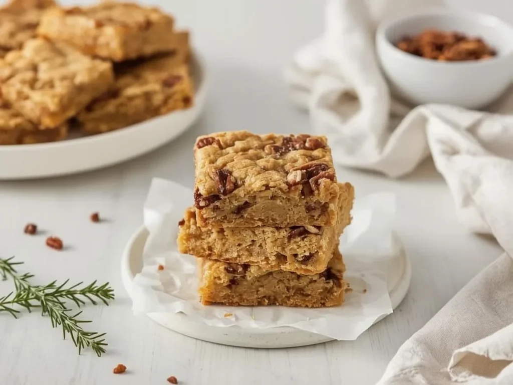 Brown butter pecan shortbread squares stacked on parchment
