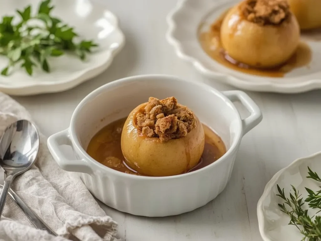 Brown sugar baked apples with cinnamon butter in a baking dish
