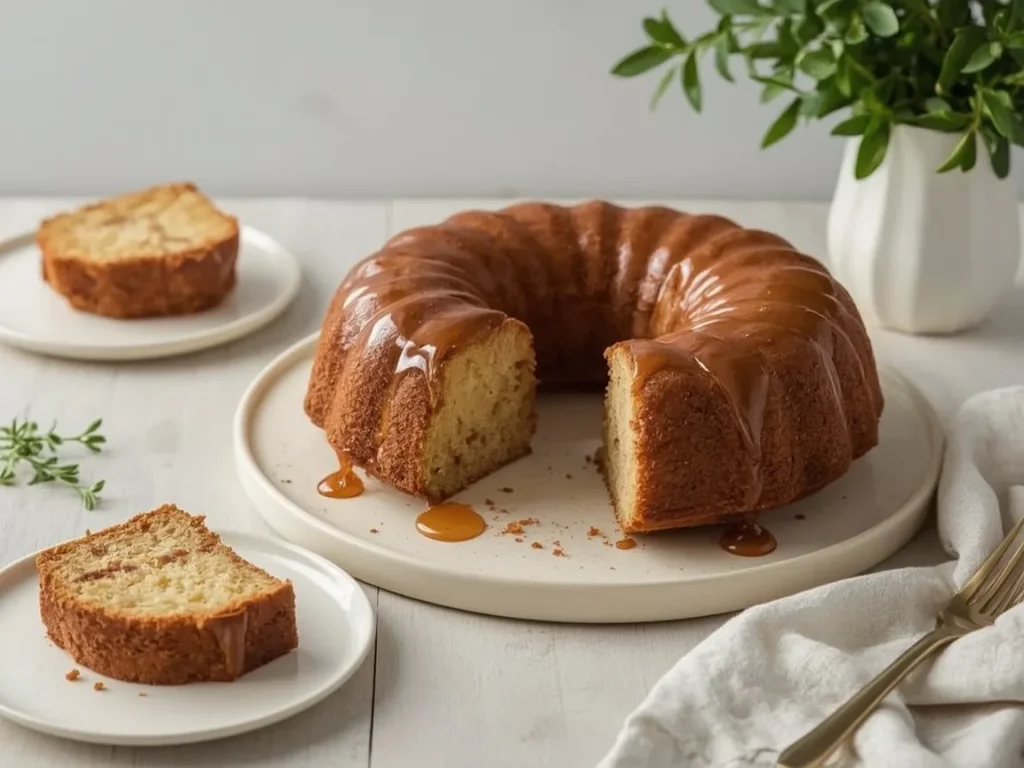 Brown sugar pound cake with glaze and a slice cut