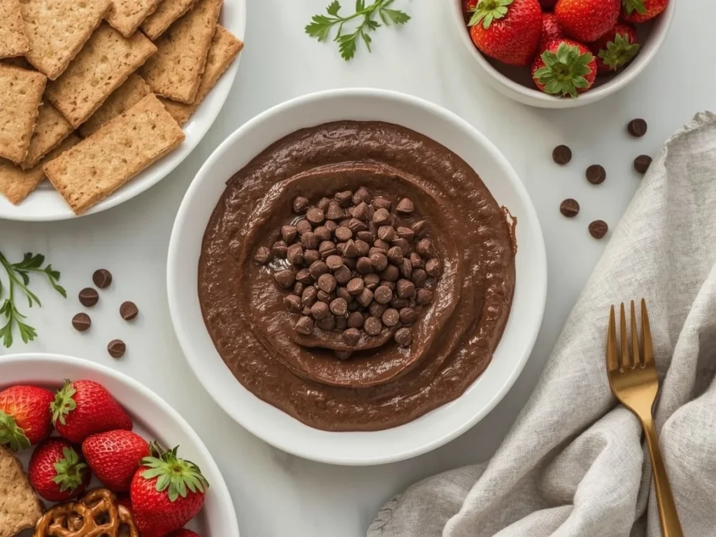 Brownie batter dip with strawberries and pretzels