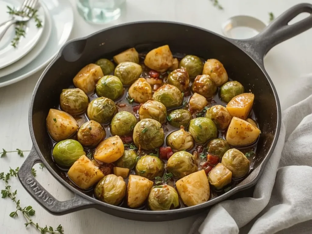 Roasted Brussels sprouts and apples with cider glaze in a skillet