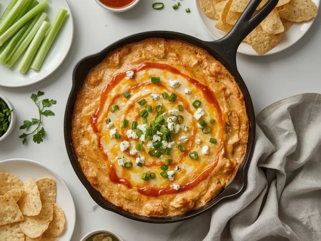 Buffalo chicken dip in a skillet with celery and tortilla chips