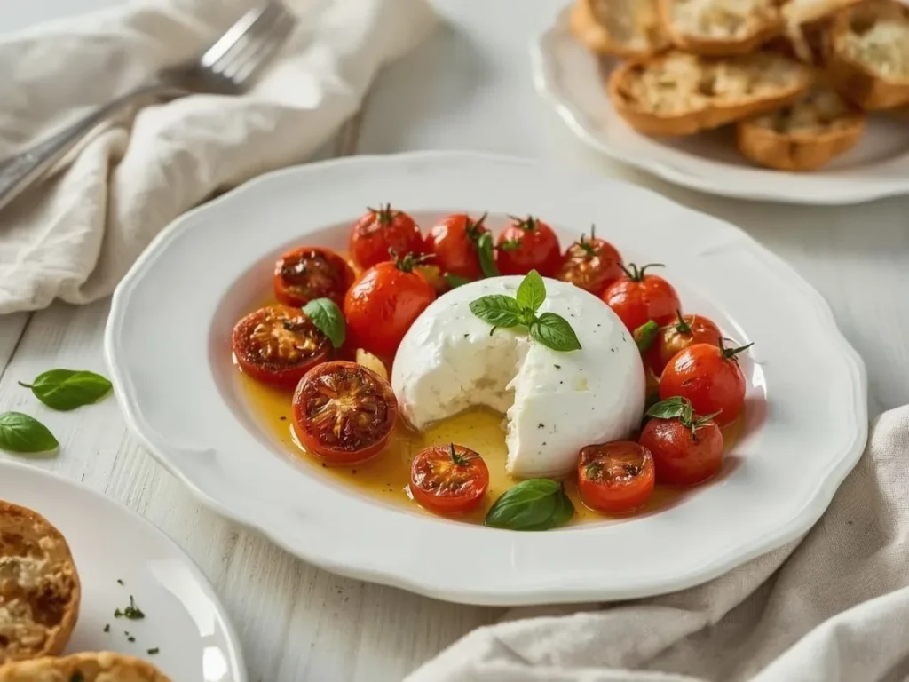 Burrata with roasted cherry tomatoes, basil and toasted baguette slices