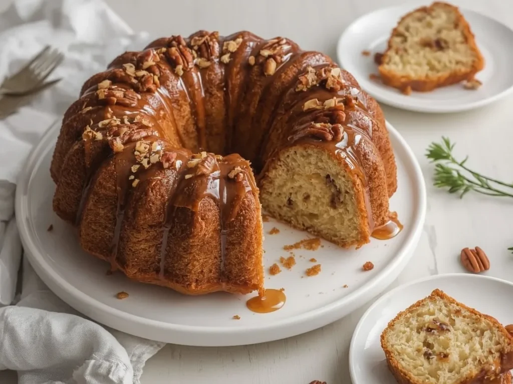 Butter pecan Bundt cake with brown sugar glaze and pecans