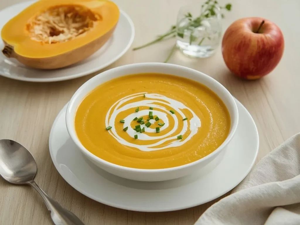 Butternut squash and apple soup with crème fraîche and chives