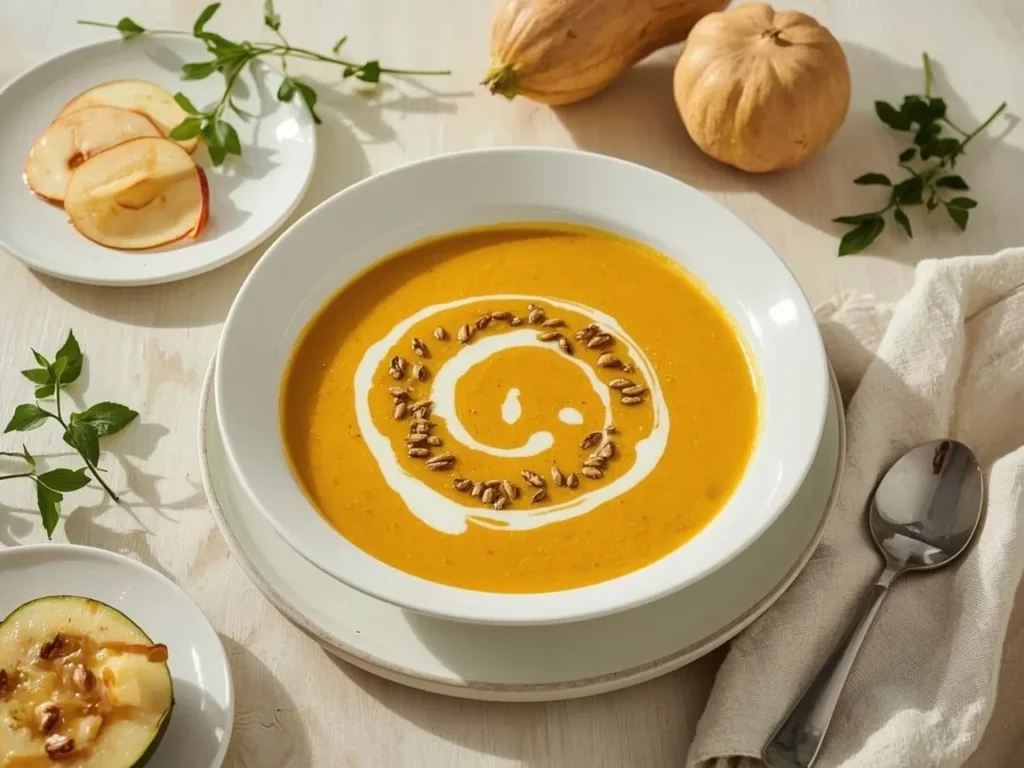 Butternut squash and apple soup with cream and toasted pepitas