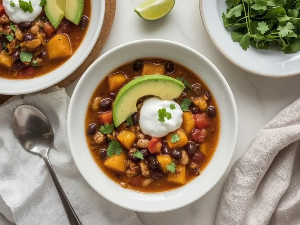 Butternut squash and black bean chili with avocado and sour cream