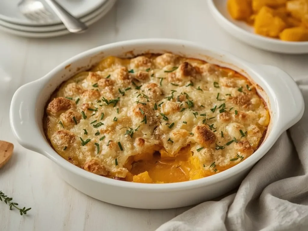 Butternut squash gratin with golden Gruyère crust in an oval dish