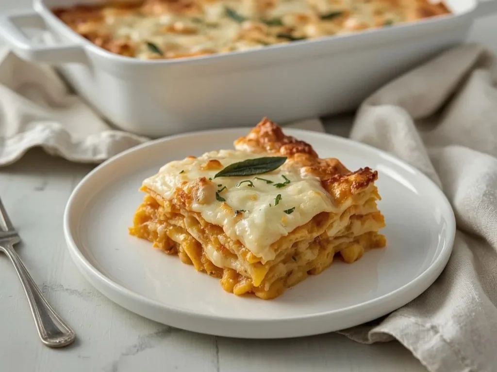 Butternut squash lasagna with ricotta and sage, one slice plated