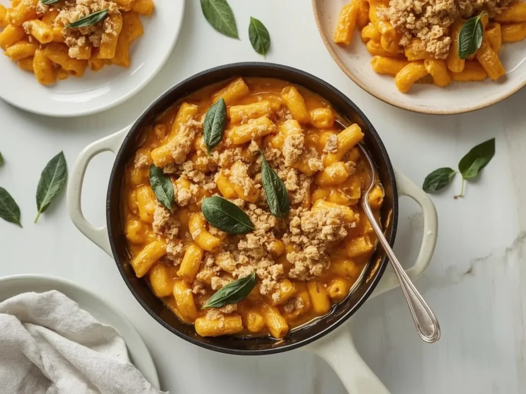 Butternut squash mac and cheese with crispy breadcrumb topping in a skillet