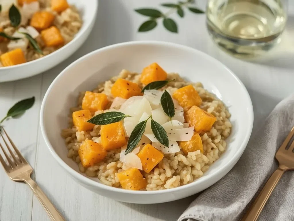 Creamy butternut squash risotto with parmesan and crispy sage
