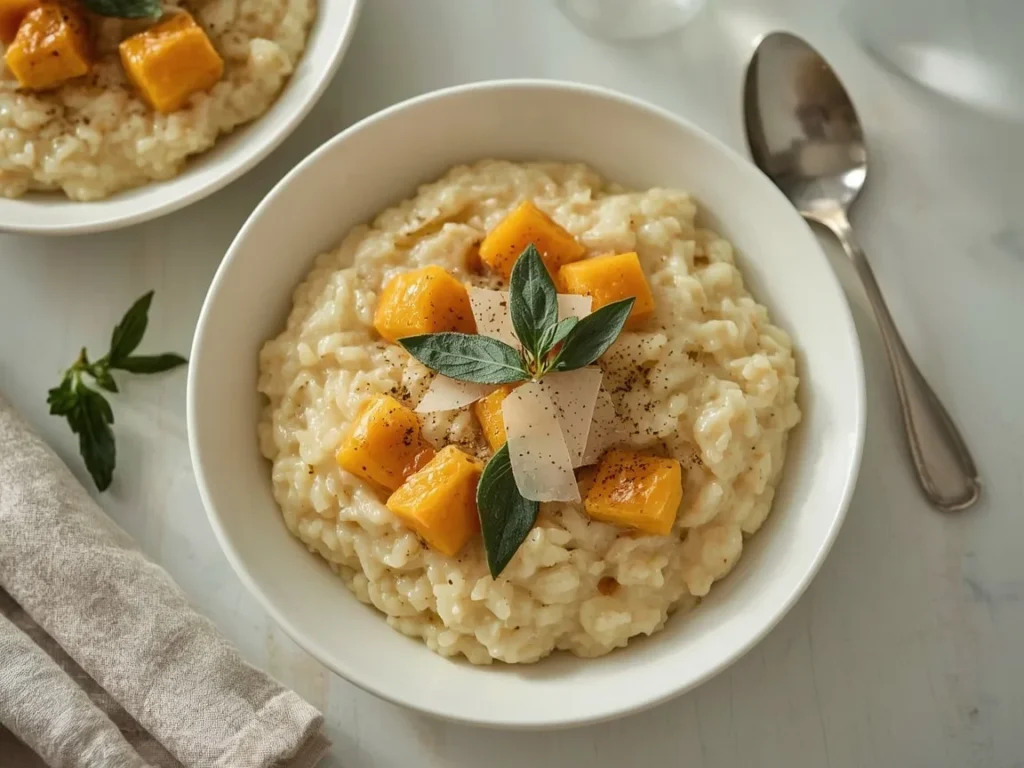 Creamy butternut squash risotto with sage and parmesan in a bowl