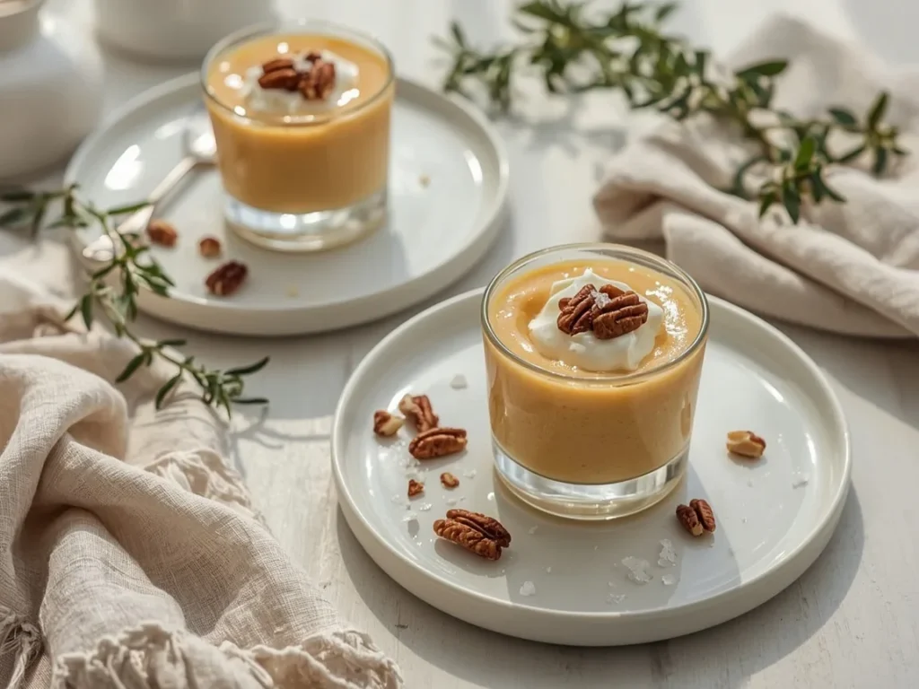 Butterscotch pudding cups with whipped cream and candied pecans