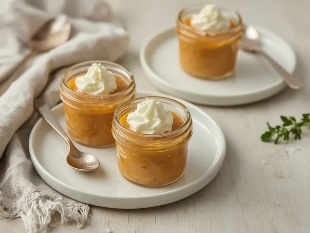 Butterscotch pots de crème in small jars with whipped cream