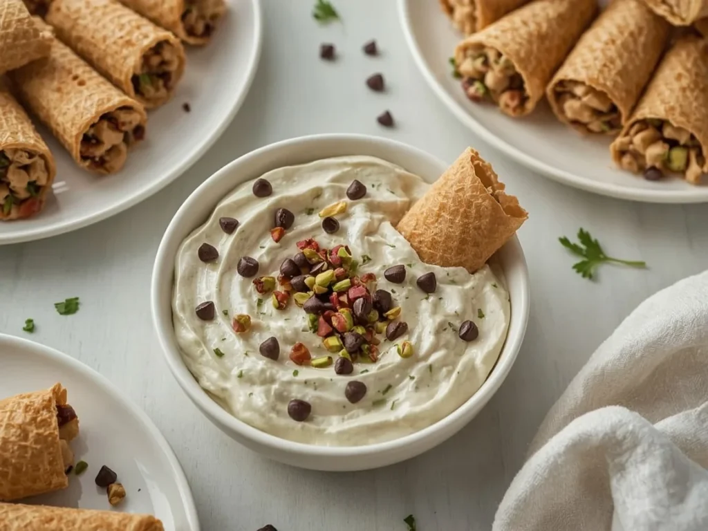 Cannoli dip with chocolate chips and waffle cone pieces