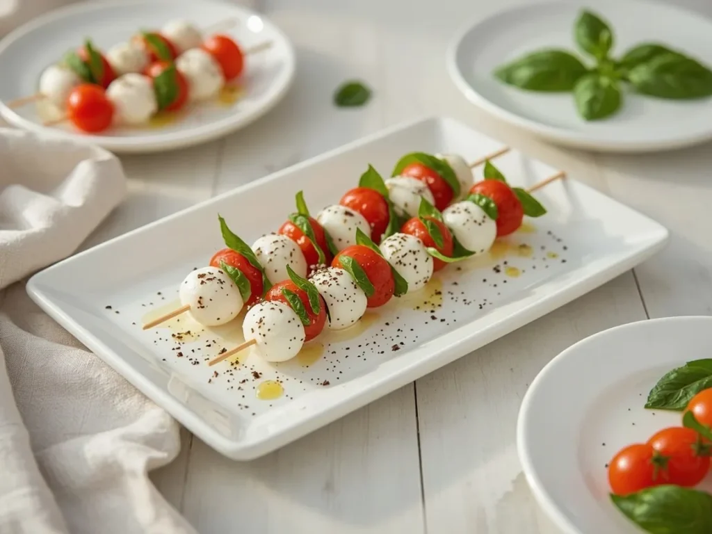 Caprese skewers with mozzarella, cherry tomatoes and basil on a white platter