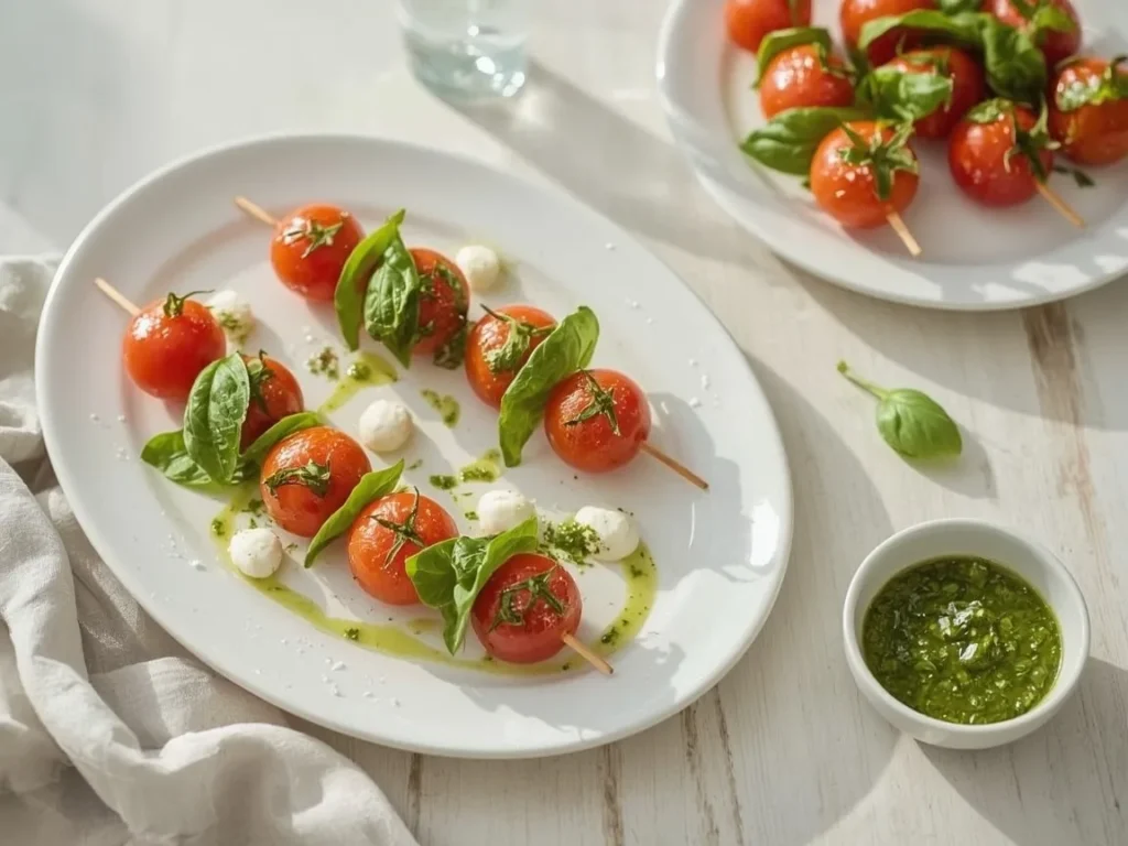 Caprese skewers with cherry tomatoes, mozzarella and basil drizzled with pesto