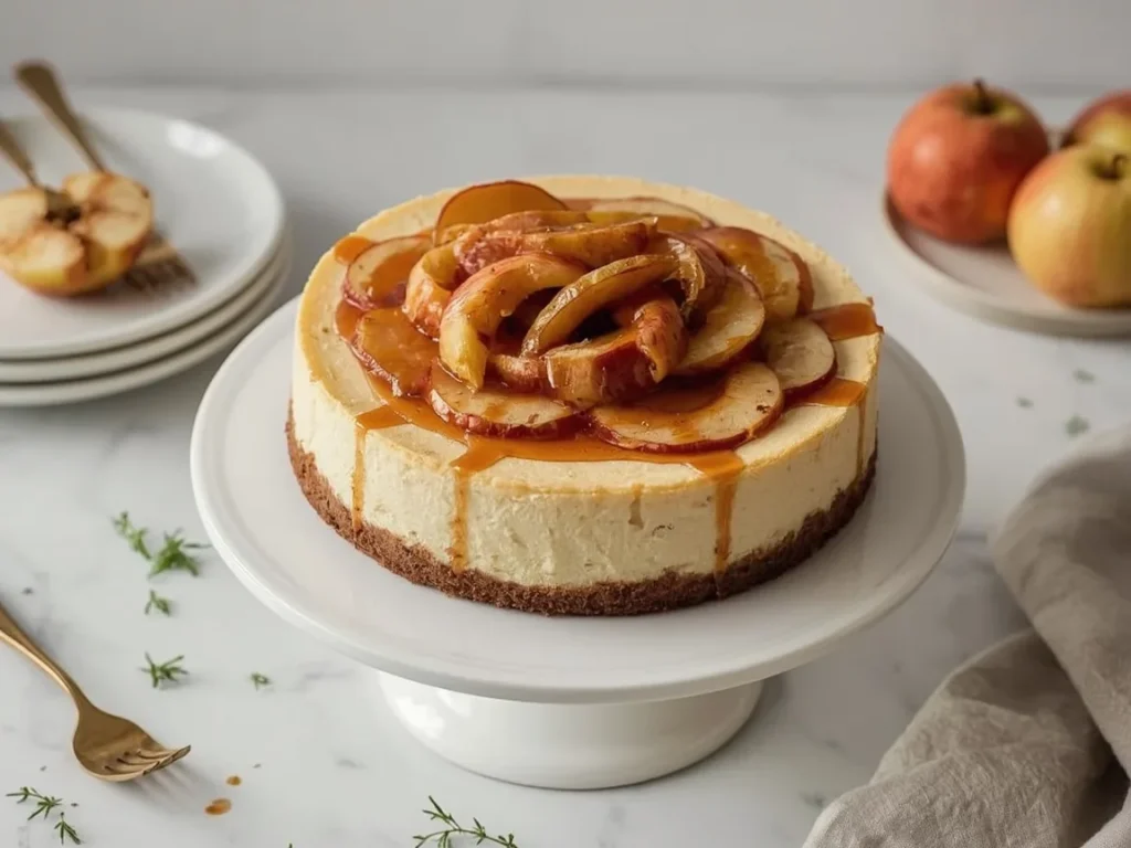 Caramel apple cheesecake topped with cinnamon apples and caramel