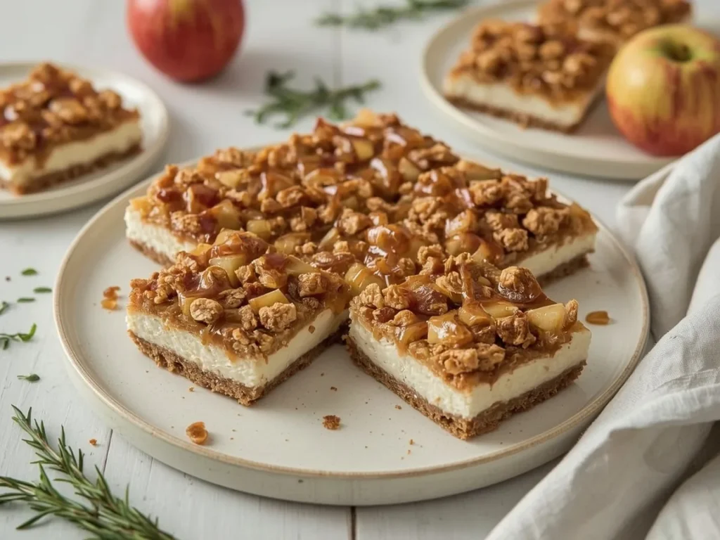 Caramel apple cheesecake bars with streusel and caramel drizzle