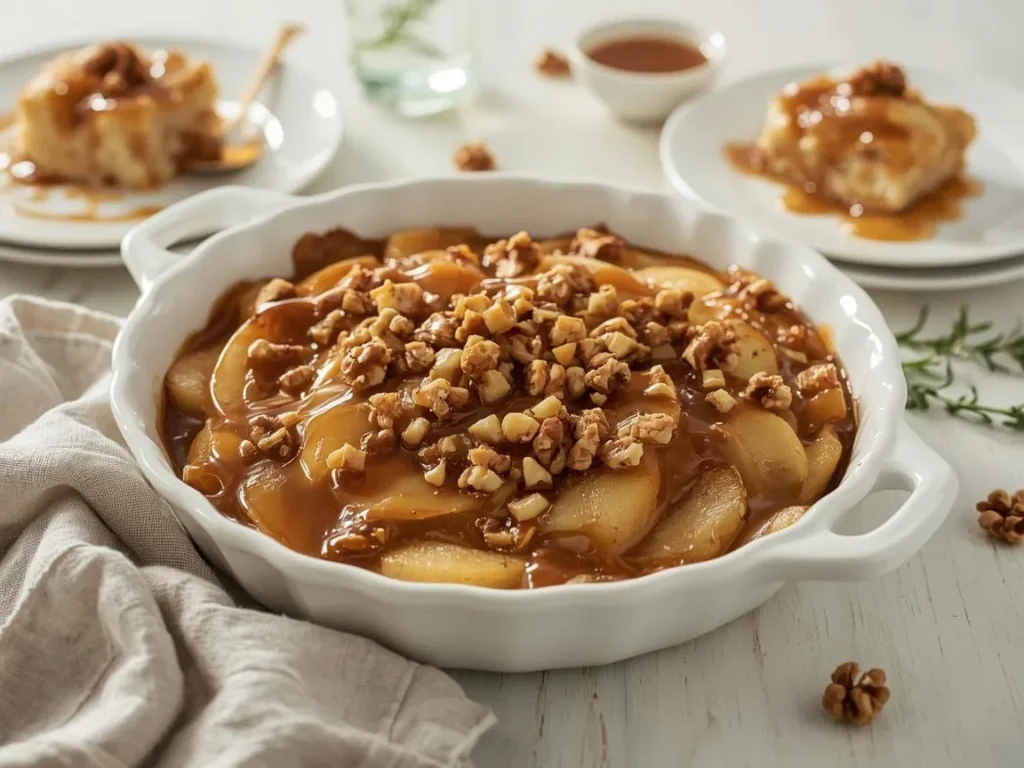 Caramel apple dump cake with walnuts and caramel drizzle