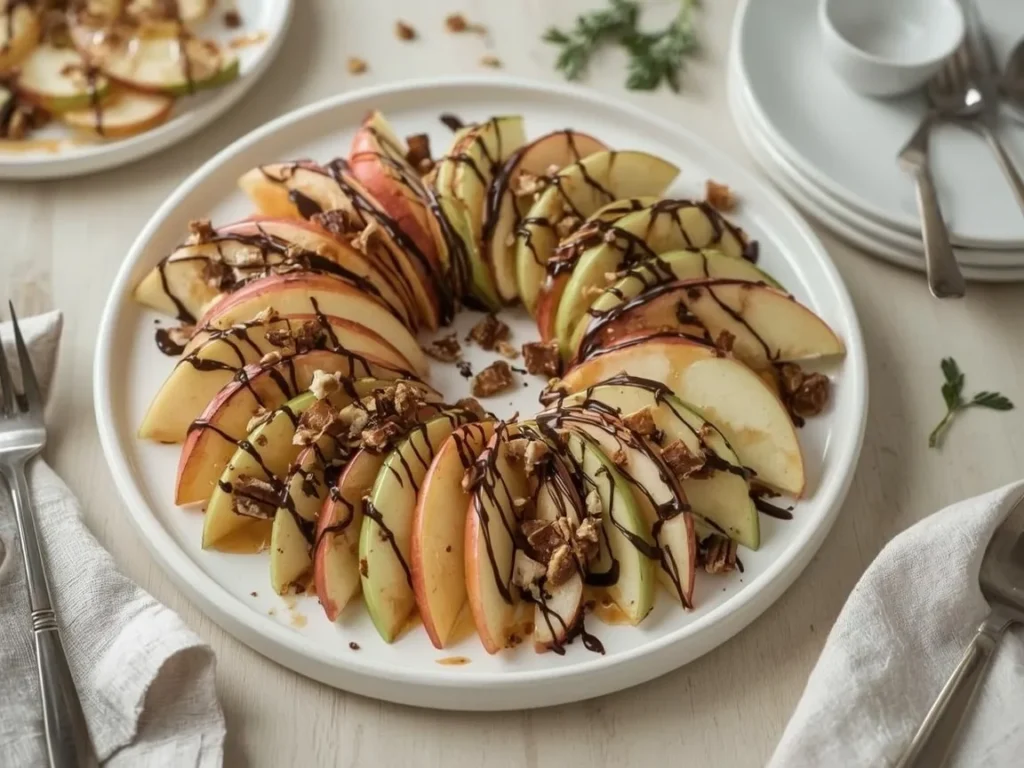 Caramel apple nachos drizzled with caramel and chocolate with chopped pecans