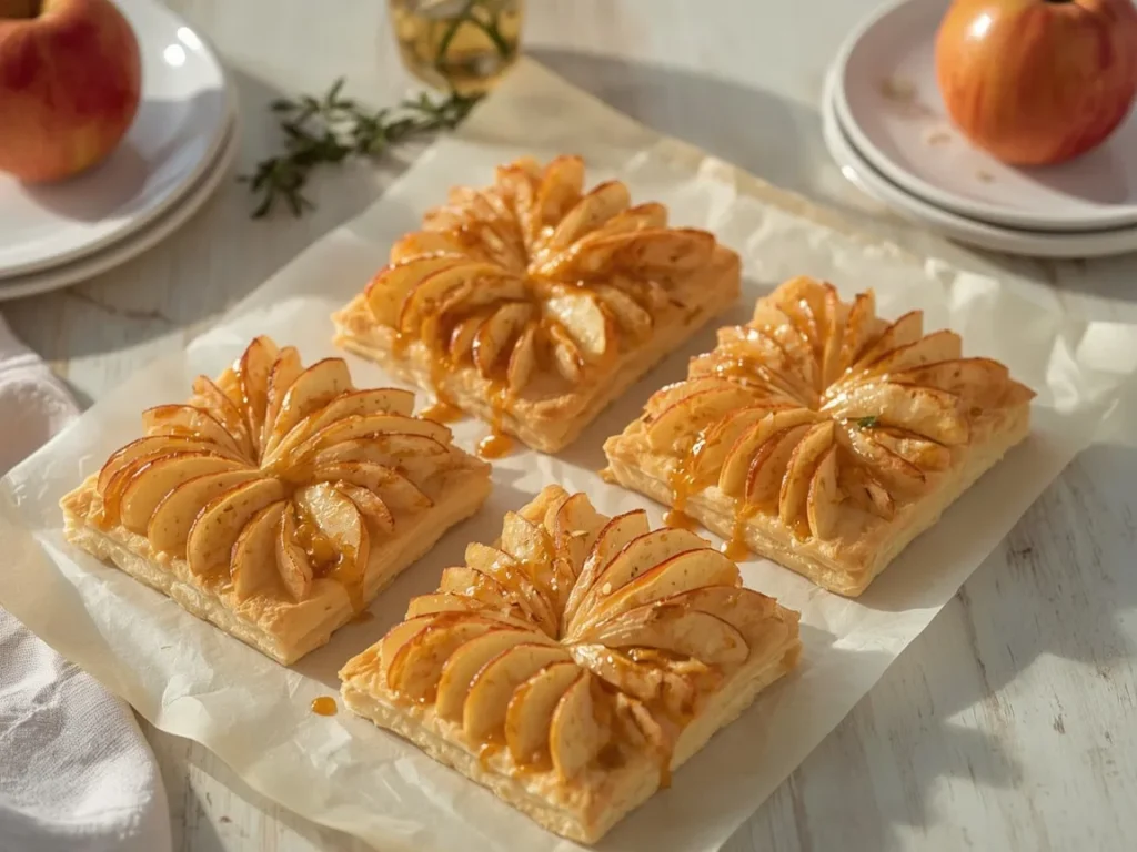 Caramel apple puff pastry tarts drizzled with caramel
