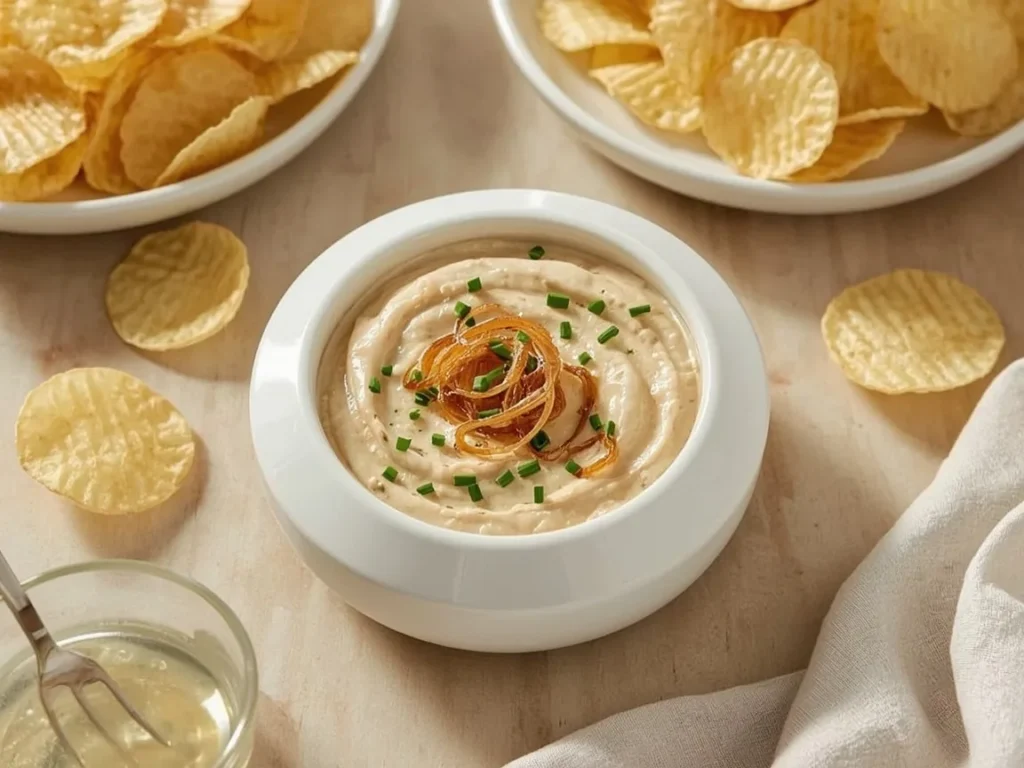 Caramelized onion dip with chives surrounded by potato chips