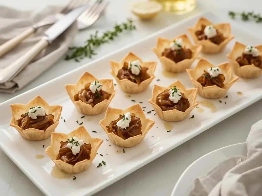 Caramelized onion and goat cheese tartlets in phyllo cups with thyme and honey