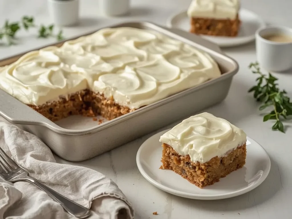 Carrot sheet cake with cream cheese frosting cut into squares
