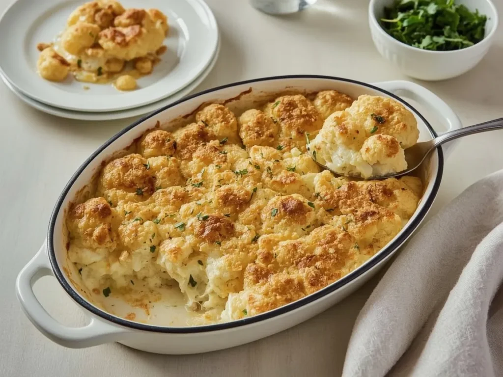 Cauliflower gratin with a golden Gruyère and breadcrumb crust in an oval baking dish