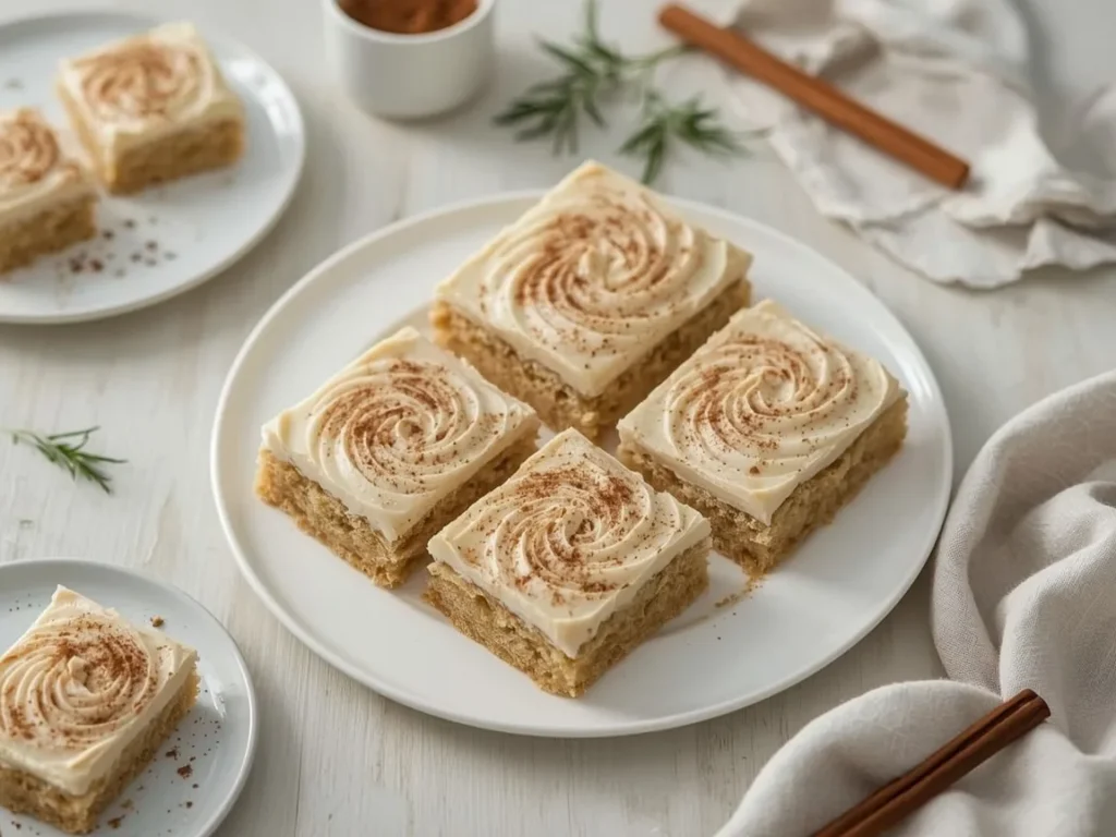 Chai sugar cookie bars with cinnamon frosting on a white plate