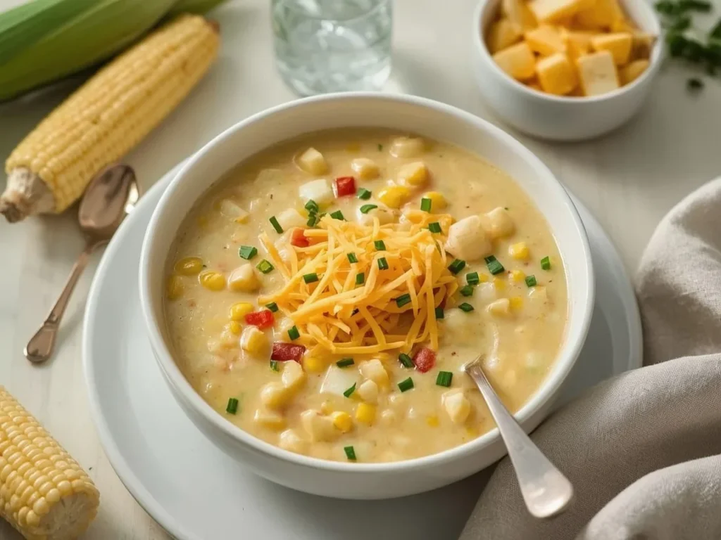 Cheddar corn chowder with potatoes and chives in a bowl