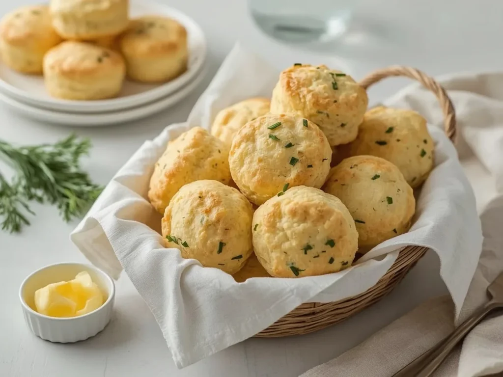 Cheddar and herb biscuits in a linen-lined basket