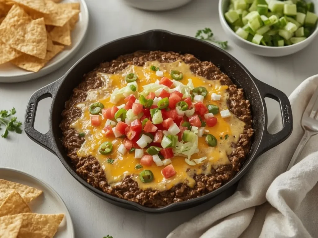 Cheeseburger dip with melted cheddar, pickles and tomatoes in a skillet