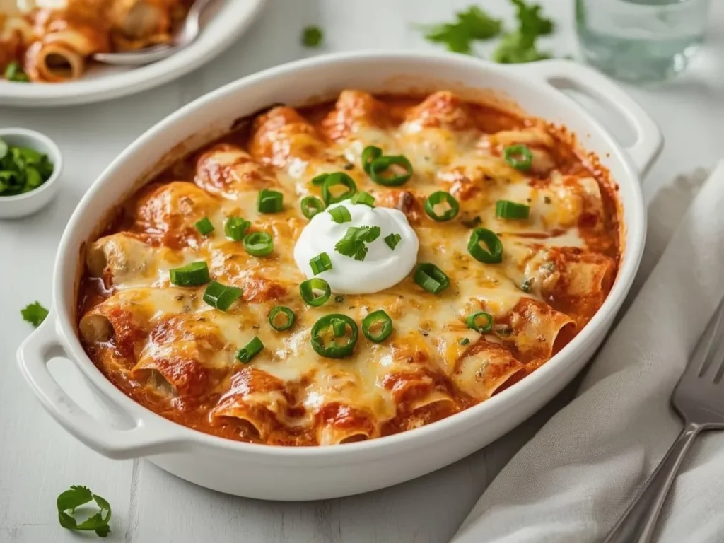 Cheesy chicken enchiladas with red sauce, sour cream and cilantro